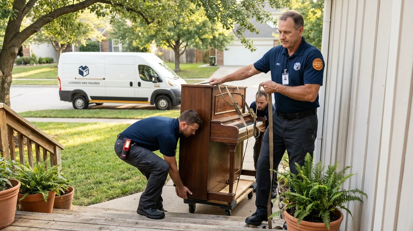 Licensed piano movers securing grand piano in Imperial, MO