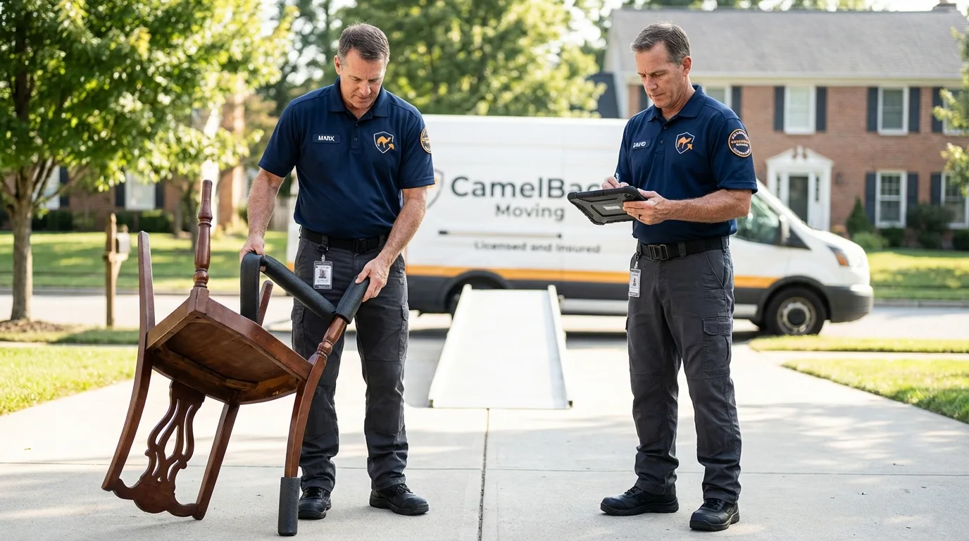 Movers inspecting furniture for damage prevention before loading in Imperial, MO